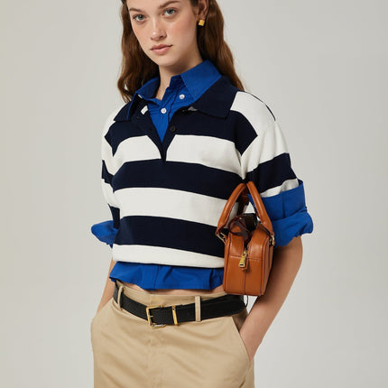 Isabella White Black Lapel Stripe Shirt Chic Striped Block