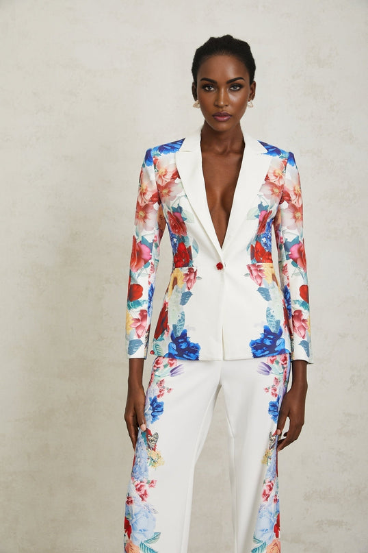 Isabella White Floral Blazer Trousers Set