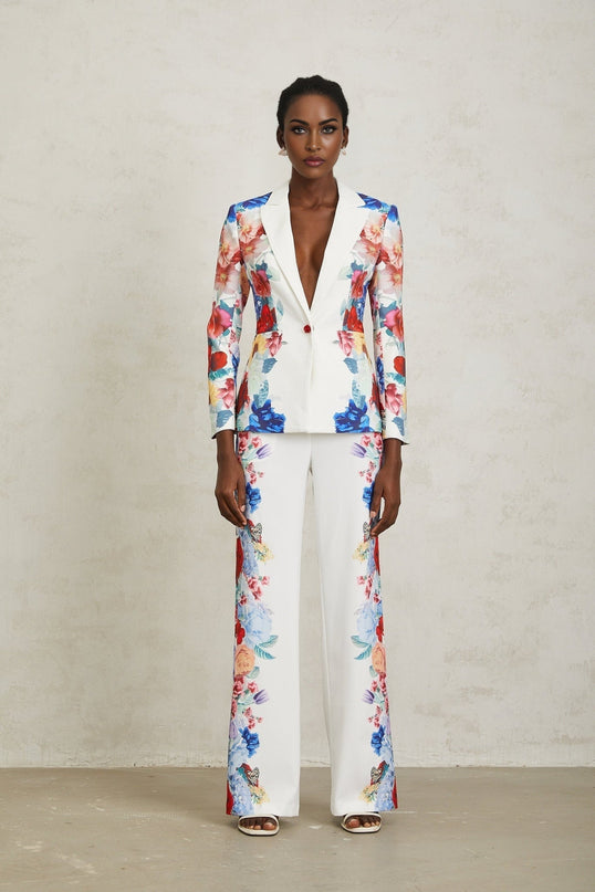 Isabella White Floral Blazer Trousers Set