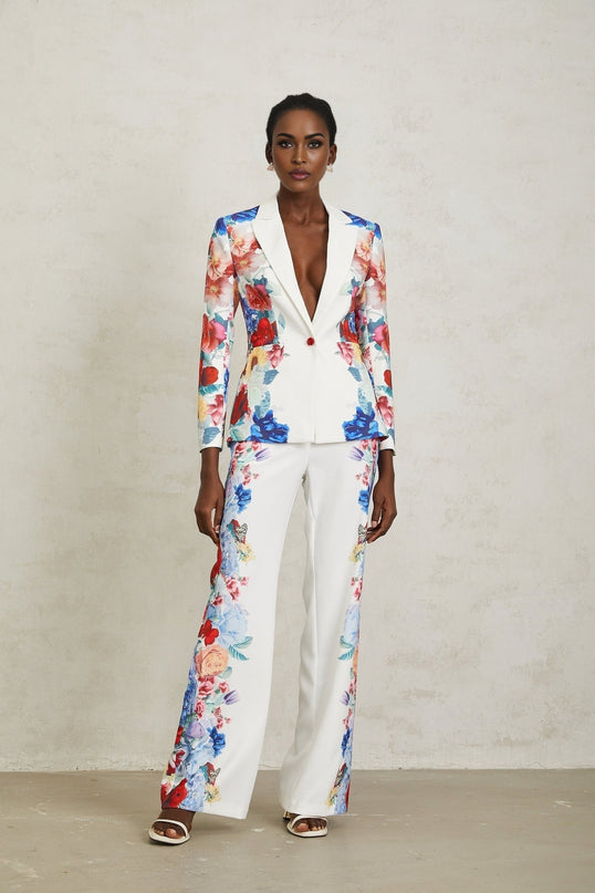 Isabella White Floral Blazer and Trousers Set
