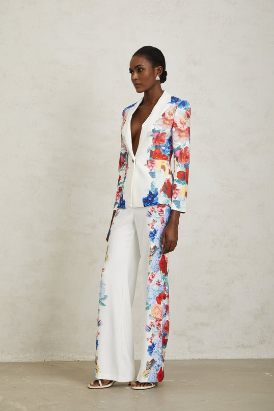 Isabella White Floral Blazer Trousers Set