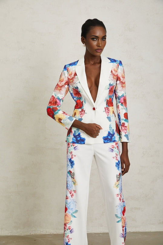 Isabella White Floral Blazer and Trousers Set