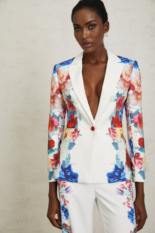Isabella White Floral Blazer Trousers Set