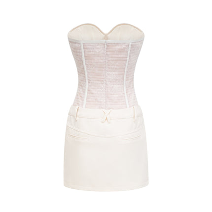 Isabella White Mesh Bustier Mini Dress Polyester Cotton Spandex Asymmetric Design Rear Zip Belt Loops Elegant Versatile Statement Luxurious Glamour