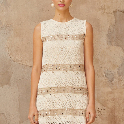 Isabella White Sequined Crochet Knit Mini Dress with Pointelle Trim and Metallic Threading