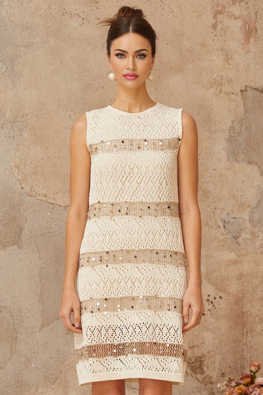 Isabella White Sequined Crochet Knit Mini Dress with Pointelle Trim and Metallic Threading