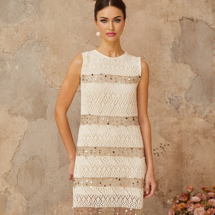 Isabella White Sequined Crochet Knit Mini Dress