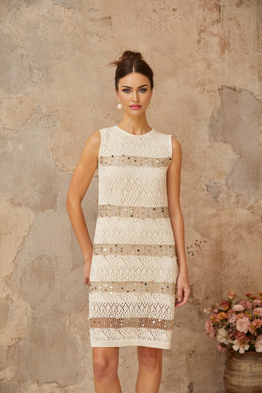 Isabella White Sequined Crochet Knit Mini Dress