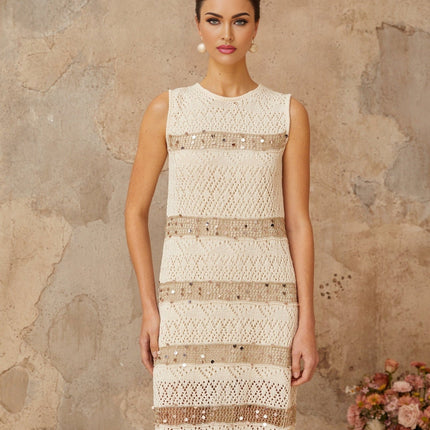 Isabella White Sequined Crochet Knit Mini Dress