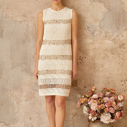 Isabella White Sequined Crochet Knit Mini Dress with Pointelle Trim and Metallic Threading