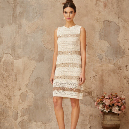Isabella White Sequined Crochet Knit Mini Dress