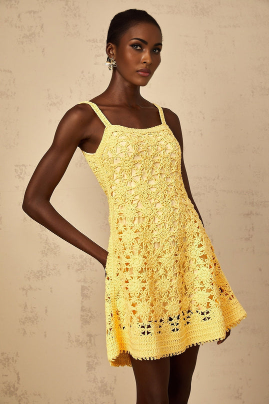 Isabella Yellow Crochet Flare Mini Dress