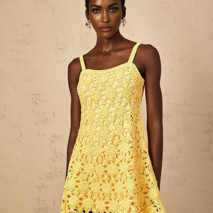 Isabella Yellow Crochet Flare Mini Dress