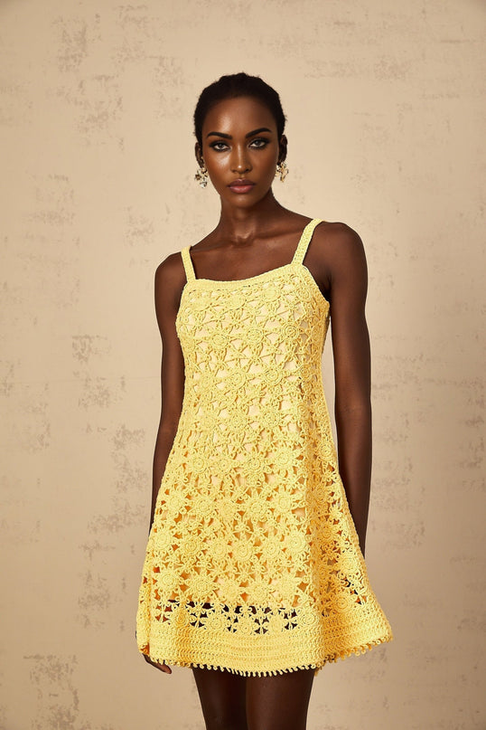 Isabella Yellow Crochet Flare Mini Dress