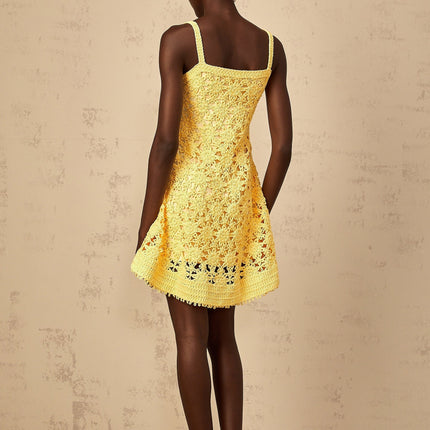 Isabella Yellow Crochet Flare Mini Dress Square Neck Sleeveless Wide Straps Crochet Knit Cut-Out Detailing Flared Skirt Side Zip Fastening Thigh-Length Fit Terylene Fiber Elastane Blend