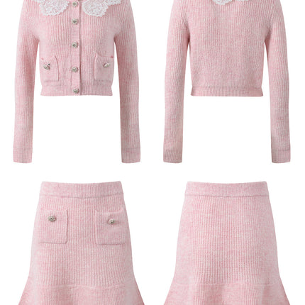 Pastel pink knit cardigan with lace collar and crystal buttons paired with a matching flared skirt