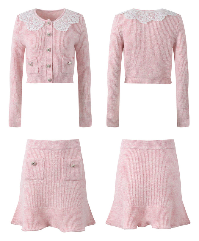 Pastel pink knit cardigan with lace collar and crystal buttons paired with a matching flared skirt