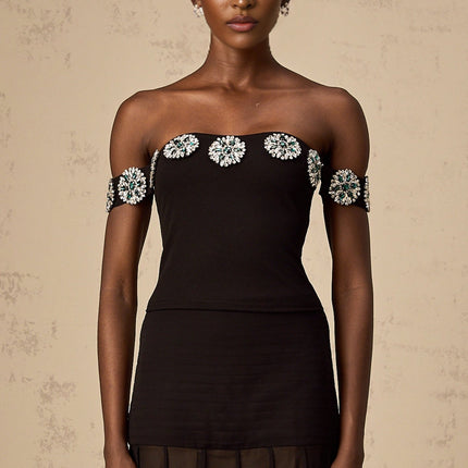 Isabelle Black Crystal Embellished Off-Shoulder Top 100 Percent Polyester