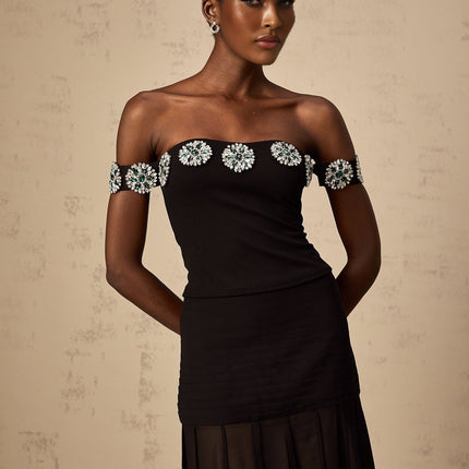 Isabelle Black Crystal Embellished Off-Shoulder Top