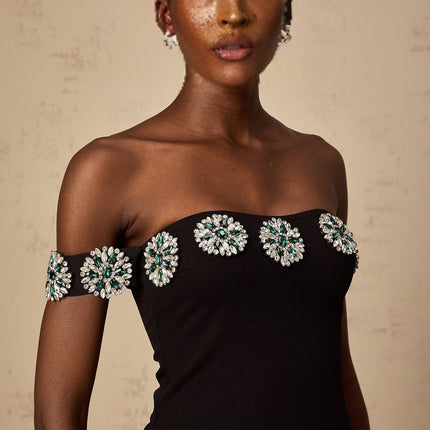 Isabelle Black Crystal Embellished Off-Shoulder Top