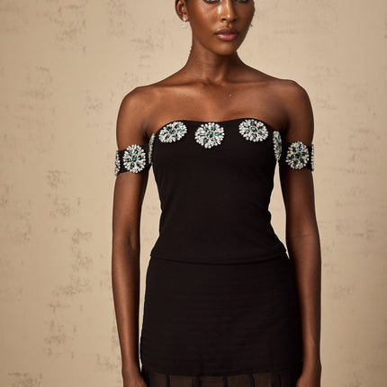Isabelle Black Crystal Embellished Off-Shoulder Top