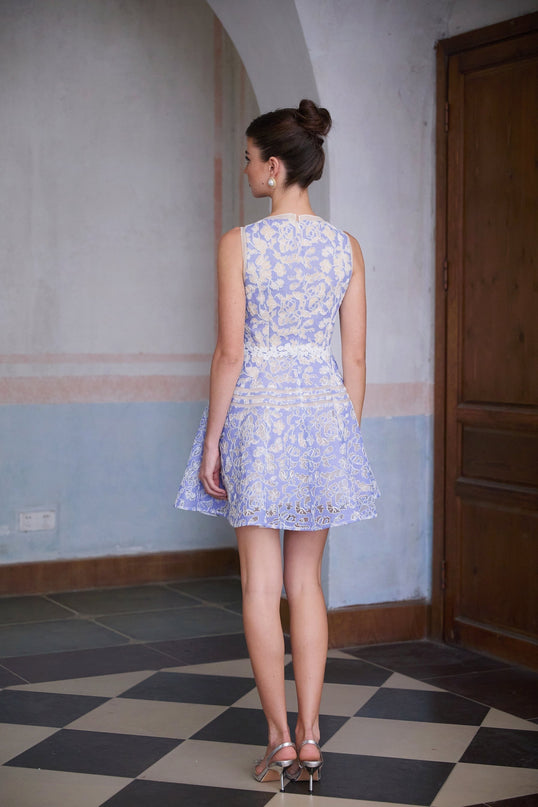 Isabelle Blue Crochet Lace Flower Appliqué Mini Dress