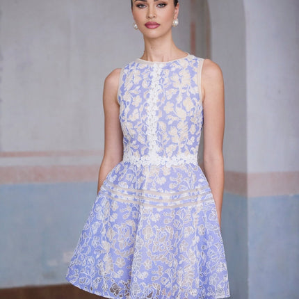 Isabelle Blue Crochet Lace Flower Applique Mini Dress