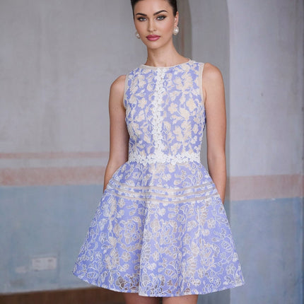Isabelle Blue Crochet Lace Mini Dress with Flower Appliqué