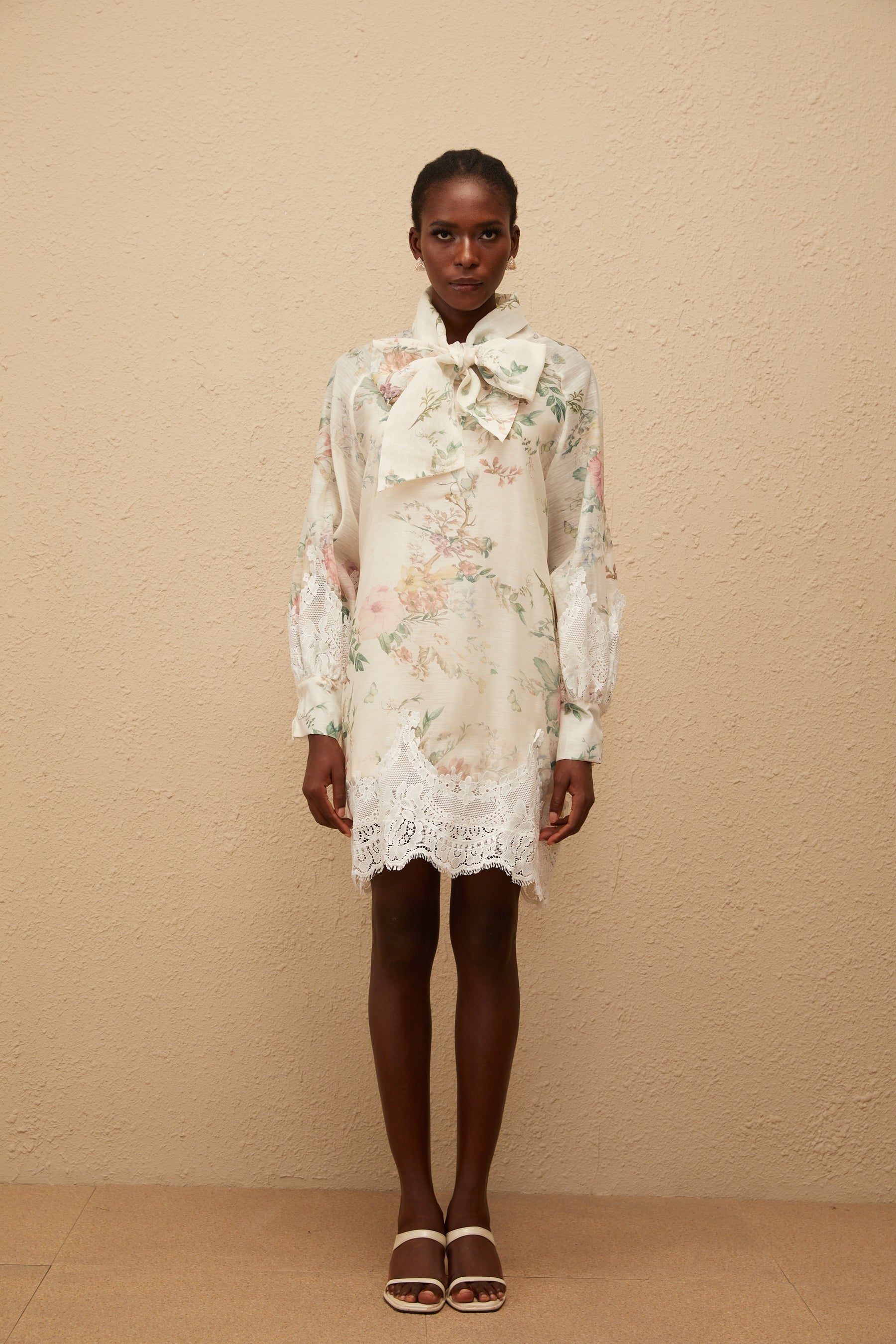 Isabelle Neutral Lace Trim Floral Mini Dress