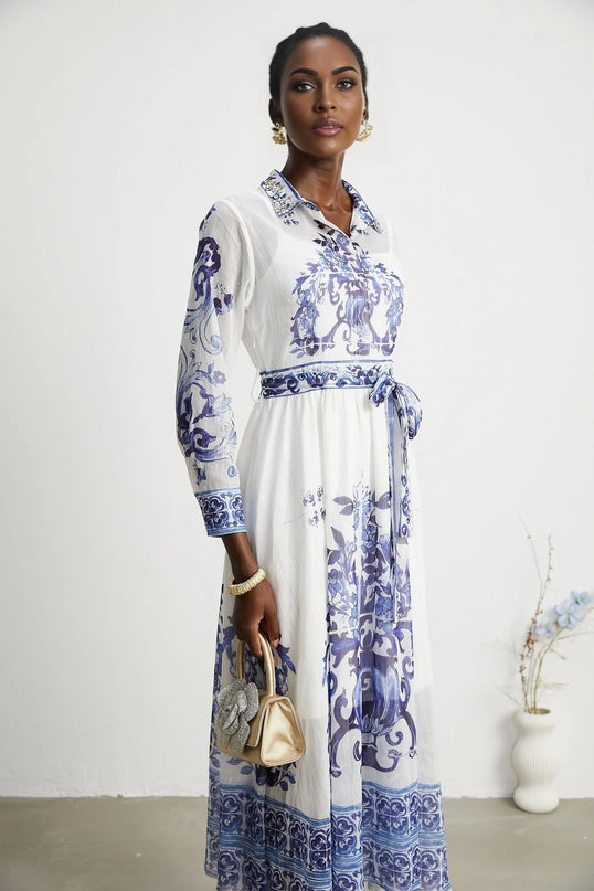 Isabelle patternprint cinchwaist midi dress