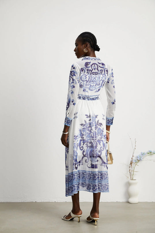 Isabelle patternprint cinchwaist midi dress