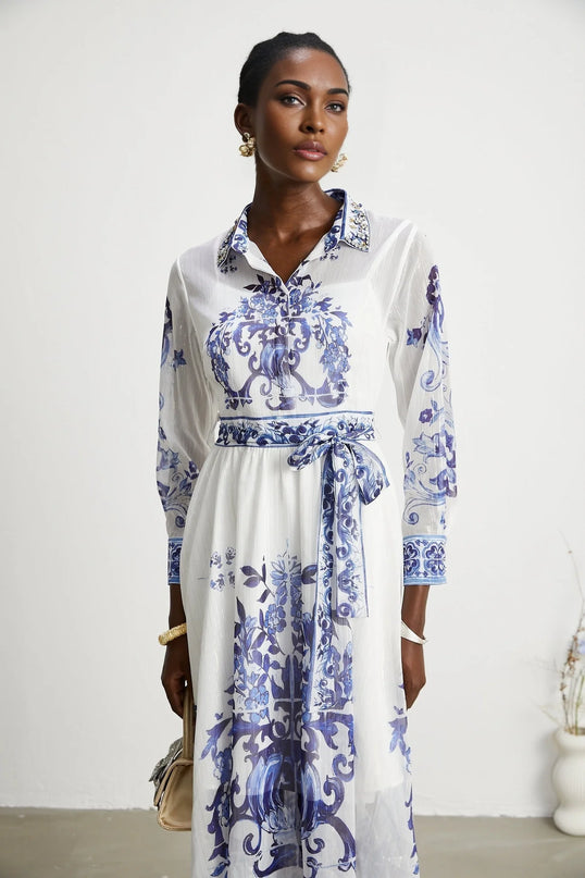 Isabelle patternprint cinchwaist midi dress