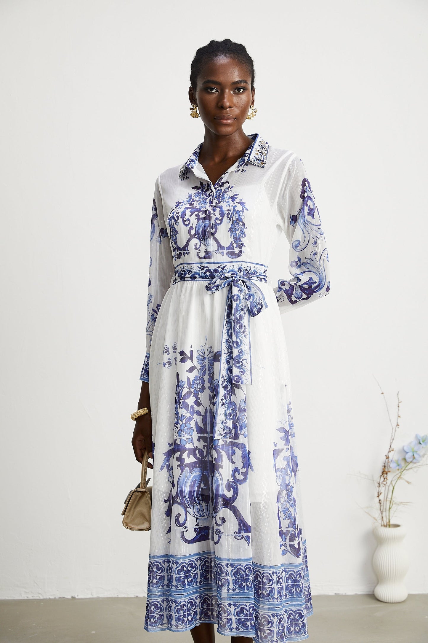 Isabelle patternprint cinchwaist midi dress