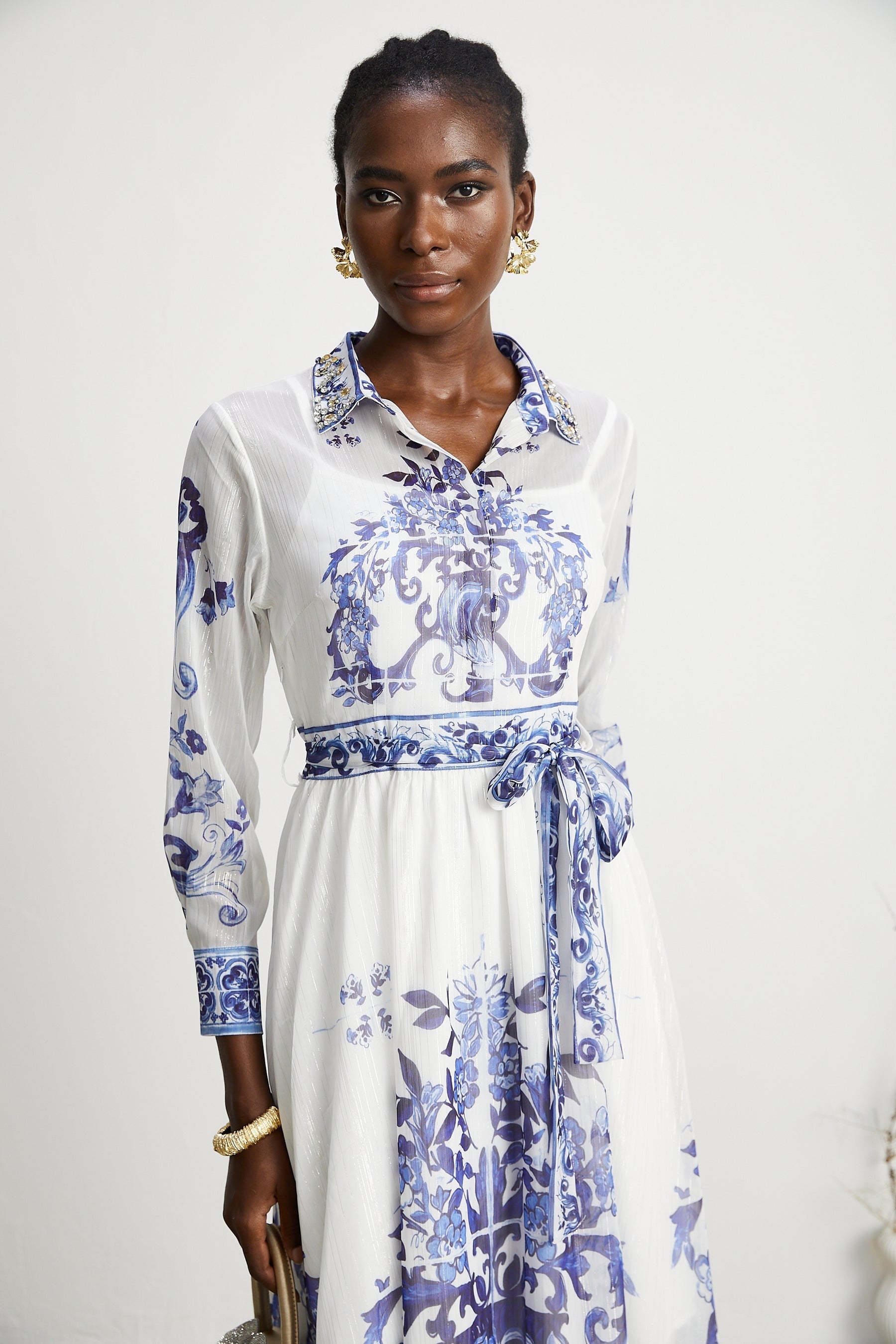 Isabelle patternprint cinchwaist midi dress