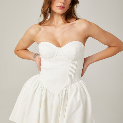 Isabelle White Mini Dress off-the-shoulder bustier pleated A-line silhouette rear zip fastening 90% Cotton 10% Polyester