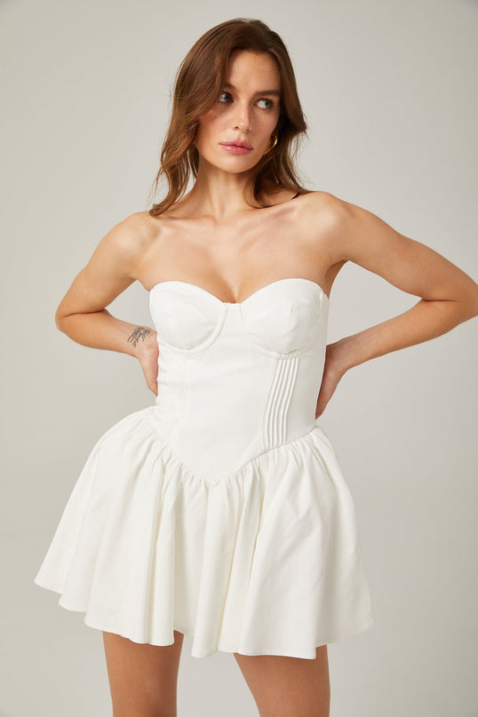 Isabelle White Mini Dress off-the-shoulder bustier pleated A-line silhouette rear zip fastening 90% Cotton 10% Polyester
