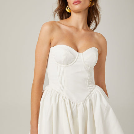 Isabelle White Mini Dress Off-Shoulder Bustier Pleated A-Line Flared Skirt Zip Fastening Cotton Polyester