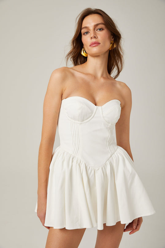 Isabelle White Mini Dress Off-Shoulder Bustier Pleated A-Line Flared Skirt Zip Fastening Cotton Polyester