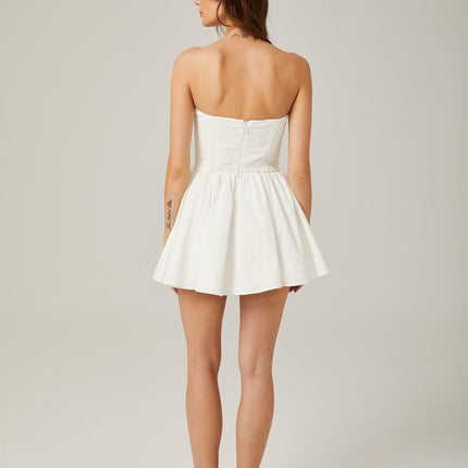 Isabelle White Mini Dress Off-Shoulder Bustier Pleated A-Line Flared Skirt Rear Zip Fastening Cotton Polyester