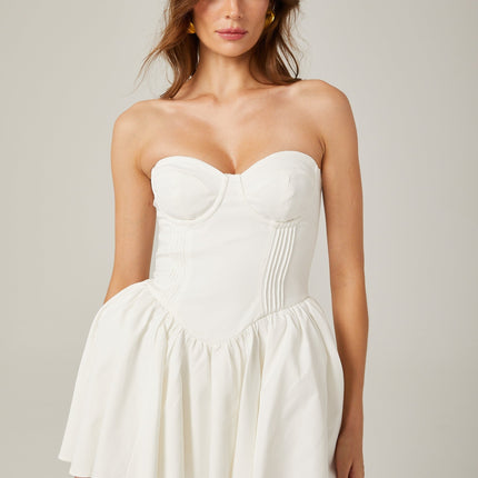 Isabelle White Off-the-Shoulder Mini Dress with Bustier Style and Pleated Detailing