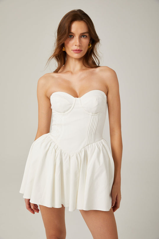 Isabelle White Off-the-Shoulder Mini Dress with Bustier Style and Pleated Detailing