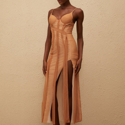 Iside Brown Tulle Maxi Dress Asymmetrical Hem Sweetheart Neckline Spaghetti Straps Fitted Waistline Built-in Cups Rear Zip Fastening 100% Terylene Fiber