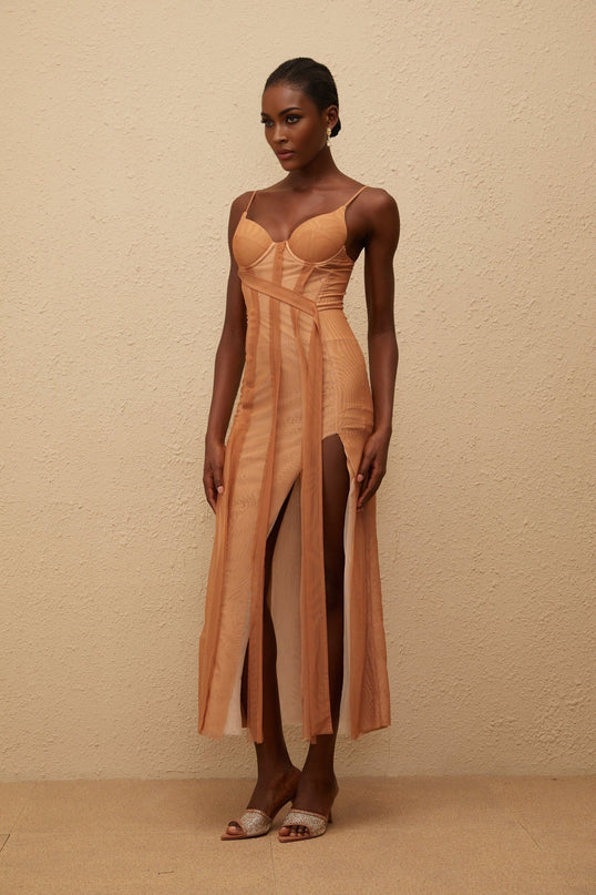 Iside Brown Tulle Maxi Dress Asymmetrical Hem Sweetheart Neckline Spaghetti Straps Fitted Waistline Built-in Cups Rear Zip Fastening 100% Terylene Fiber