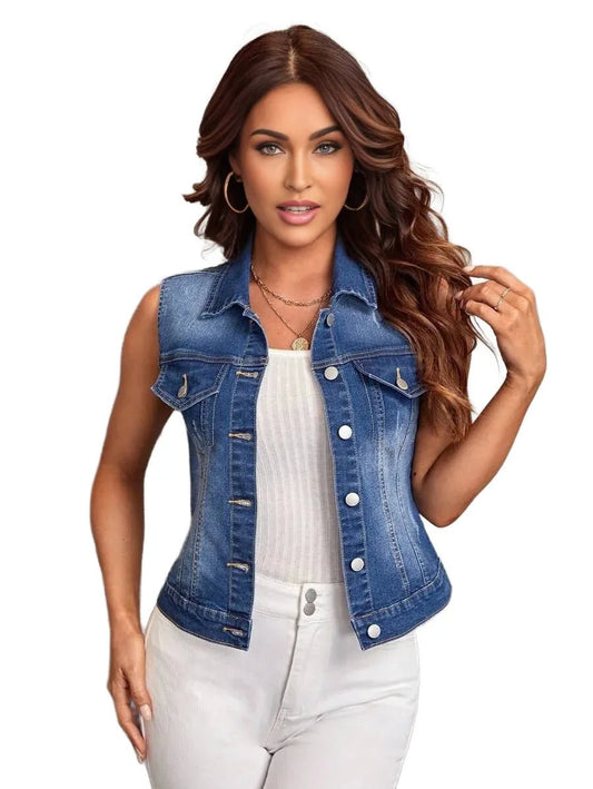 Iside Cropped Denim Jacket with Button Front Design in Blue - Blue