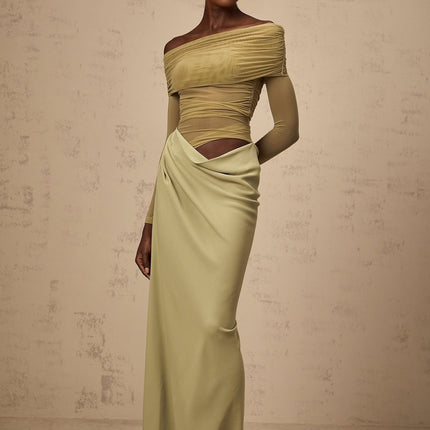 Iside Green Midi Dress with Tulle Panelling and Ruched Detailing