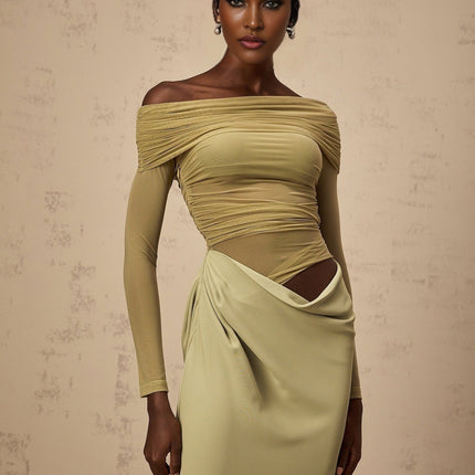 Iside Green Midi Dress with Tulle Panelling and Ruched Detailing