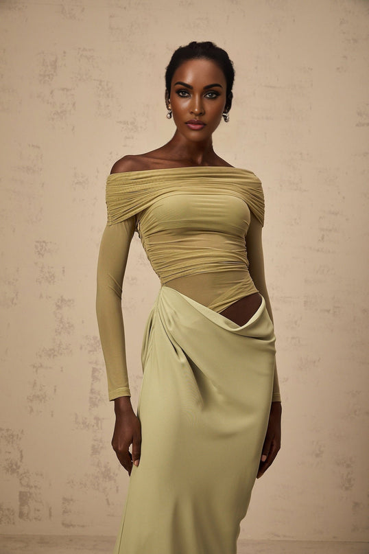 Iside Green Midi Dress with Tulle Panelling and Ruched Detailing