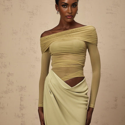 Iside Green Midi Dress with Tulle Panelling and Ruched Detailing