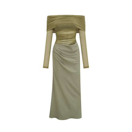 Iside Green Midi Dress with Tulle Panelling and Ruched Detailing