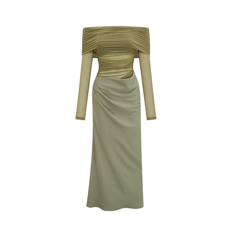 Iside Green Midi Dress with Tulle Panelling and Ruched Detailing